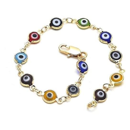 18K Womens Gold Filled High Polish Finsh Multi Color Evil Eye Bracelet Clasp 10 Inch Image 2