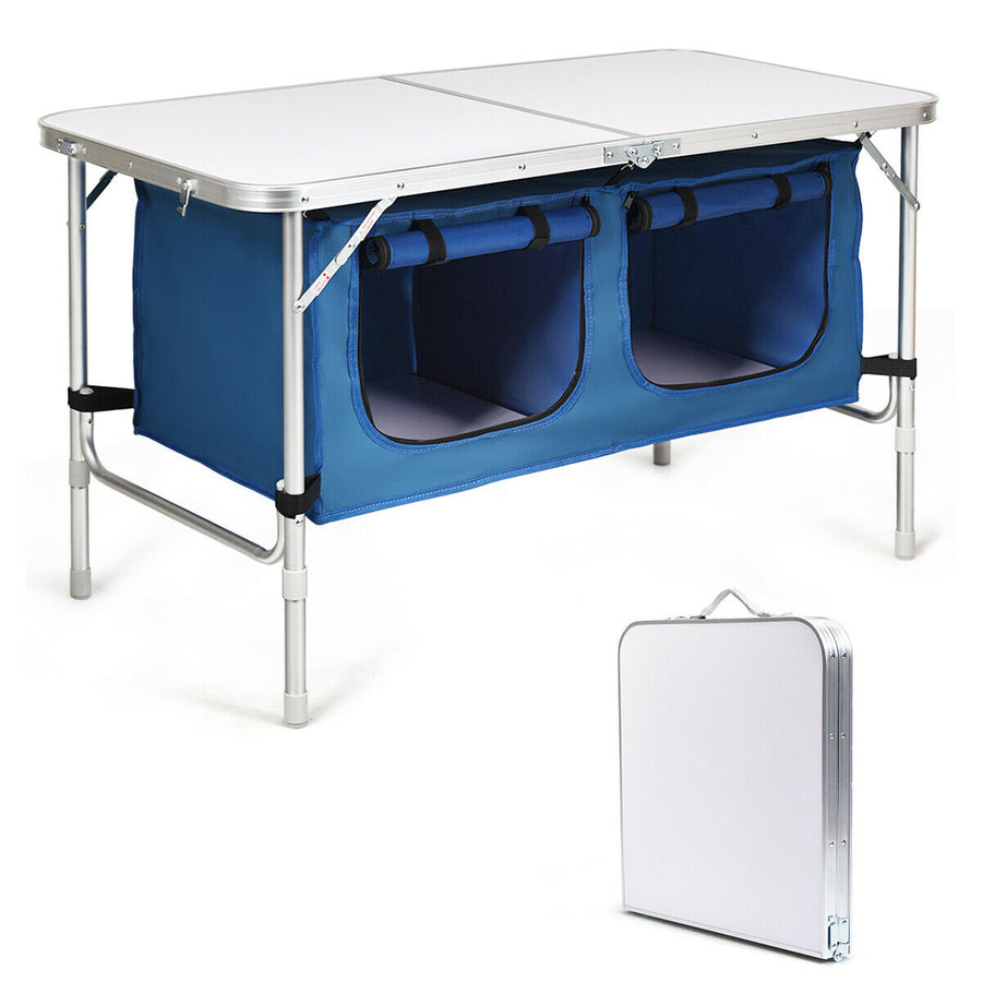 Folding Camping Table Aluminum Height Adjustable w/ Storage Organizer Dark Blue Image 1