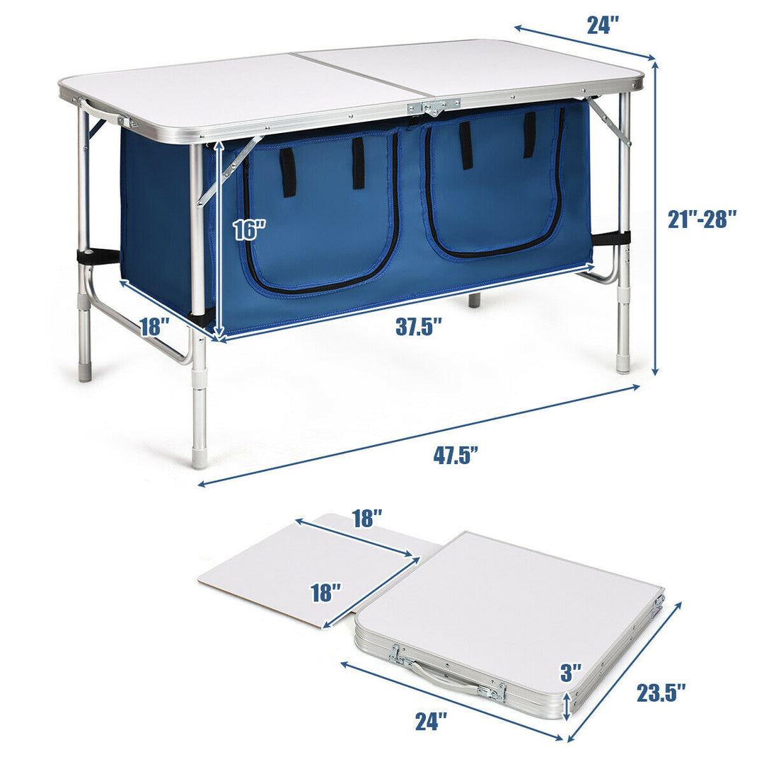 Folding Camping Table Aluminum Height Adjustable w/ Storage Organizer Dark Blue Image 2
