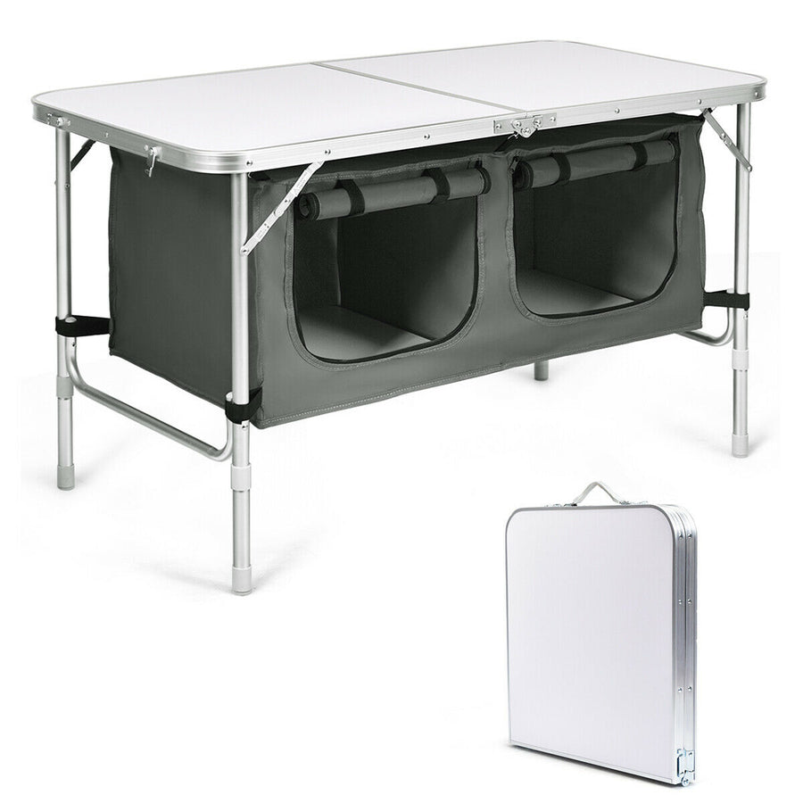 Folding Camping Table Aluminum Height Adjustable w/ Storage Organizer Grey Image 1