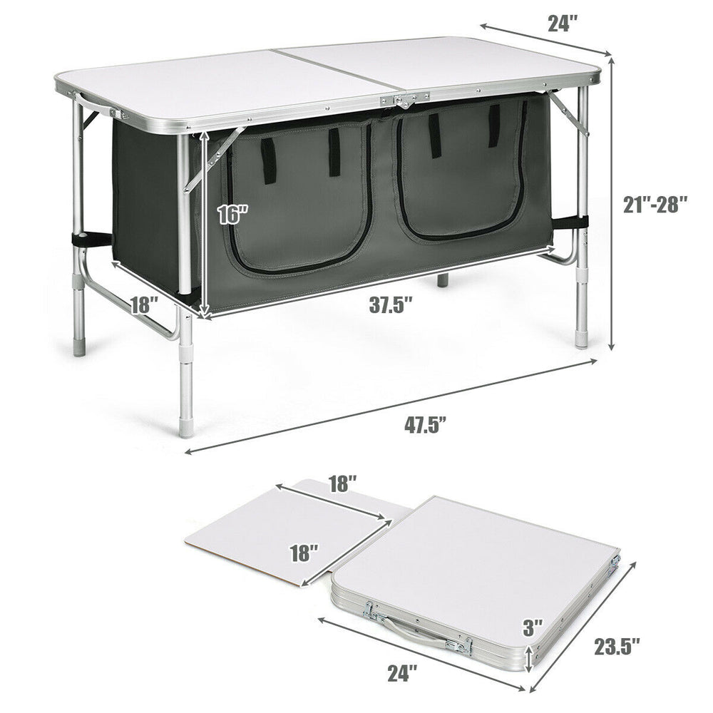 Folding Camping Table Aluminum Height Adjustable w/ Storage Organizer Grey Image 2