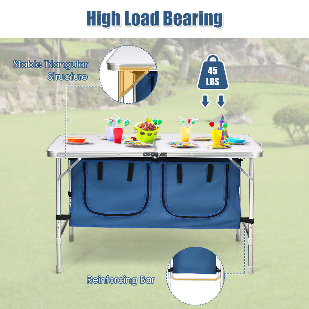 Folding Camping Table Aluminum Height Adjustable w/ Storage Organizer Dark Blue Image 7