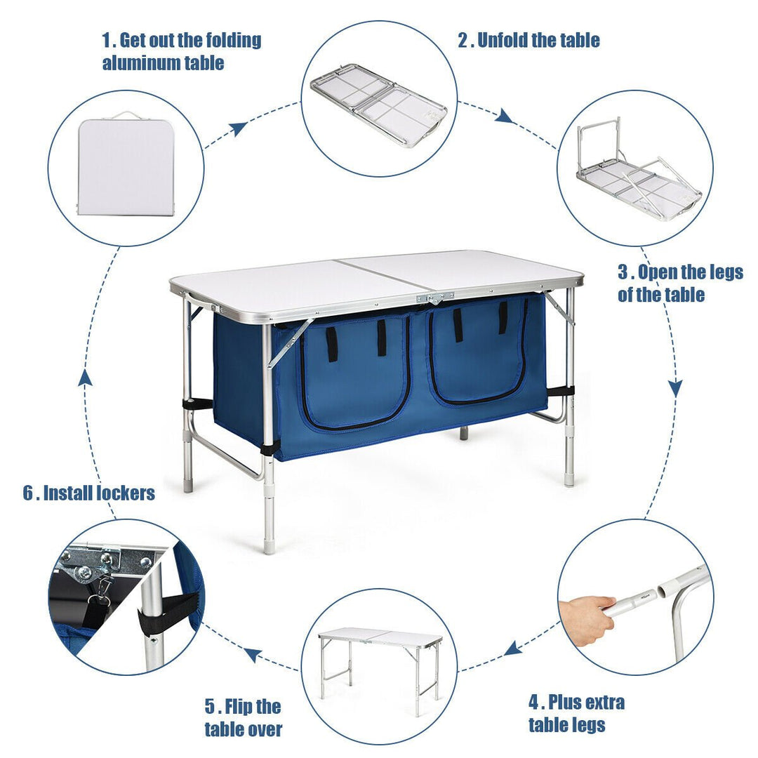 Folding Camping Table Aluminum Height Adjustable w/ Storage Organizer Dark Blue Image 9