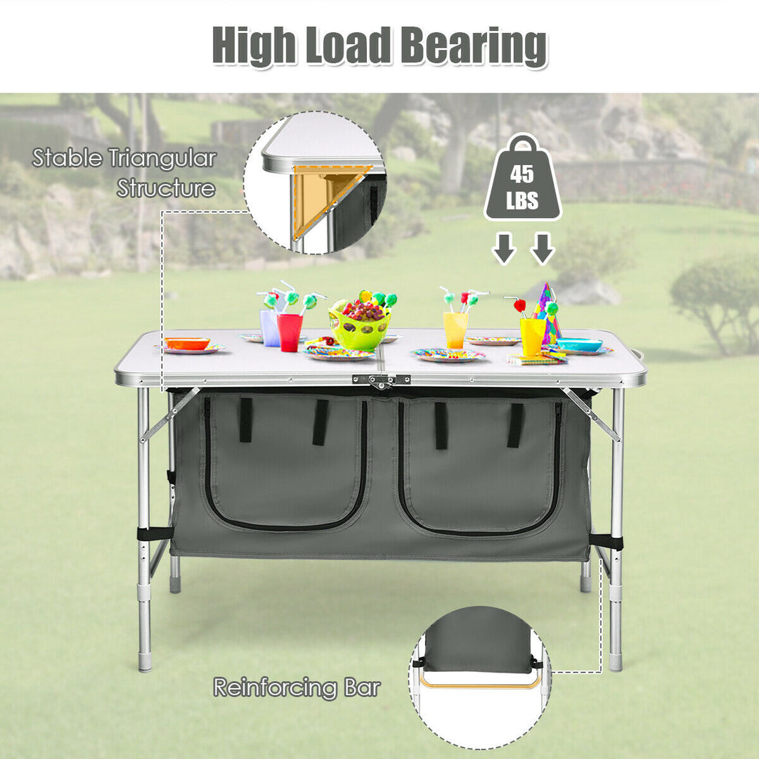 Folding Camping Table Aluminum Height Adjustable w/ Storage Organizer Grey Image 7