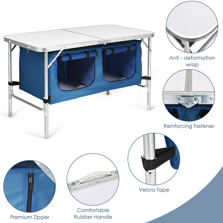Folding Camping Table Aluminum Height Adjustable w/ Storage Organizer Dark Blue Image 10