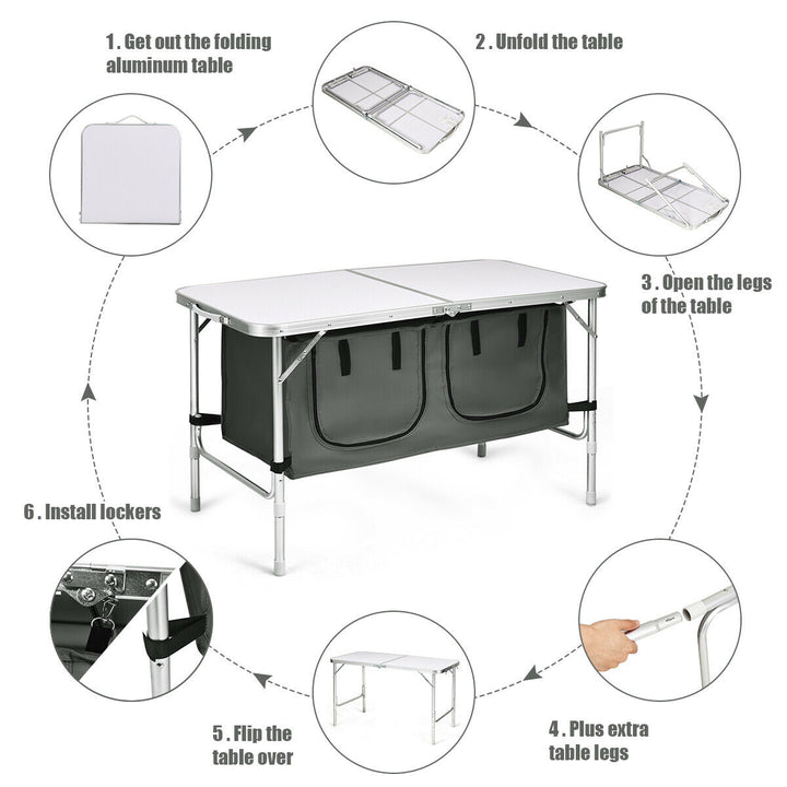 Folding Camping Table Aluminum Height Adjustable w/ Storage Organizer Grey Image 9