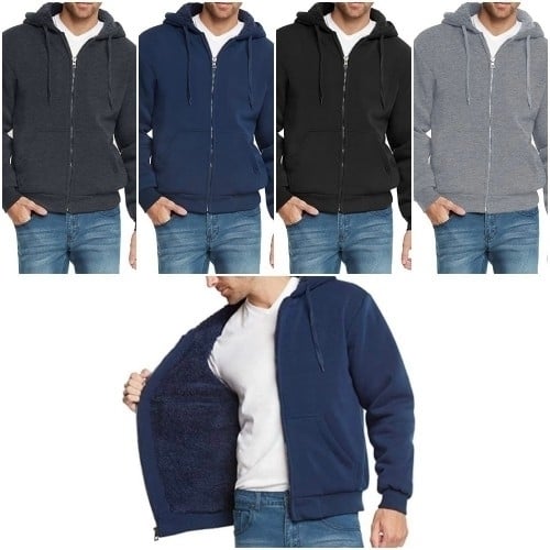 Mens Sherpa-Lined Fleece Hoodie Warm Full Zip Heavyweight Cotton Blend Size M Image 1