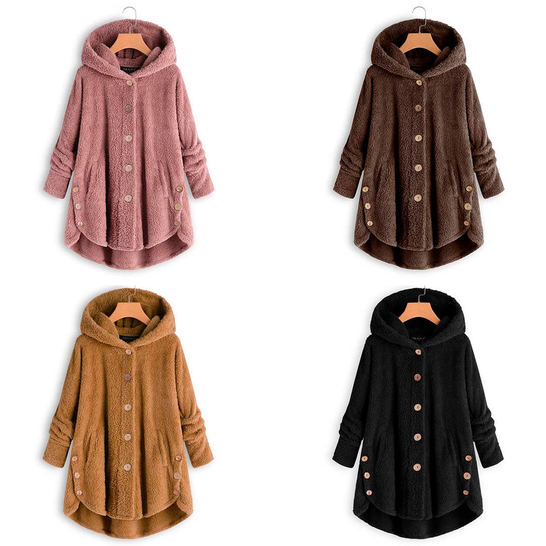 Cozy Hooded Fleece Coat with Asymmetrical Hem Image 1