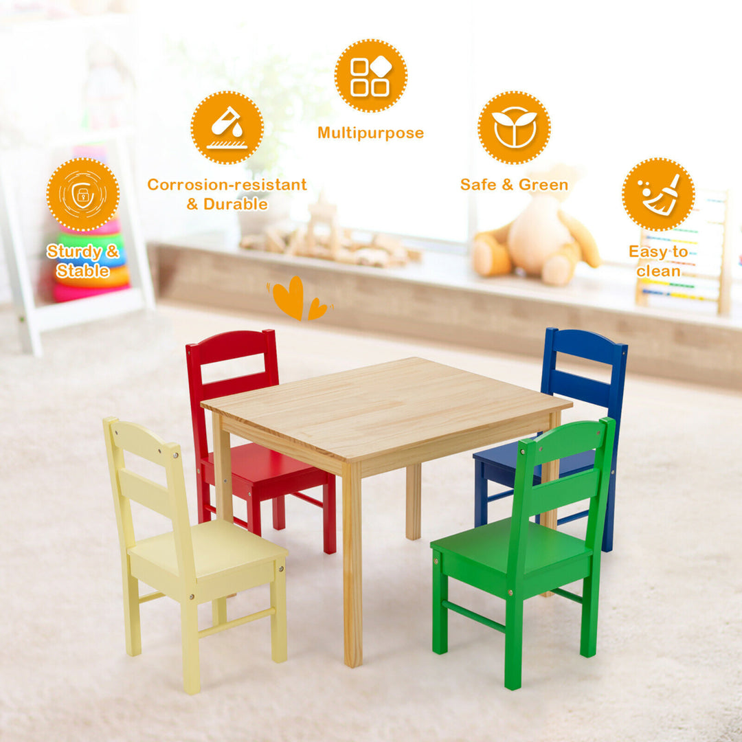 Kids 5 Piece Table Chair Set Pine Wood Multicolor Children Play Room Furniture Image 6