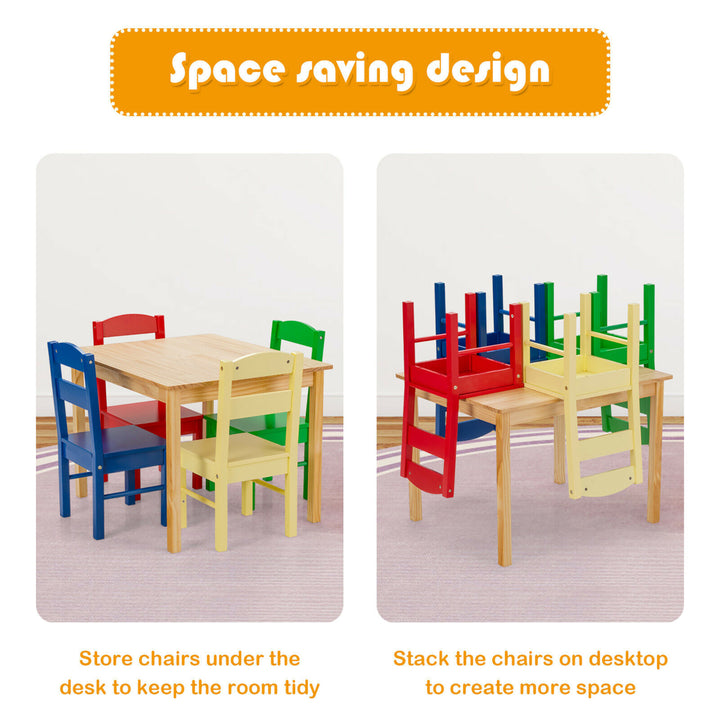 Kids 5 Piece Table Chair Set Pine Wood Multicolor Children Play Room Furniture Image 8