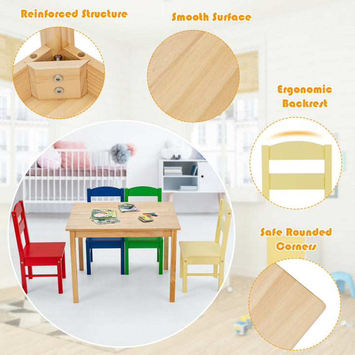 Kids 5 Piece Table Chair Set Pine Wood Multicolor Children Play Room Furniture Image 9