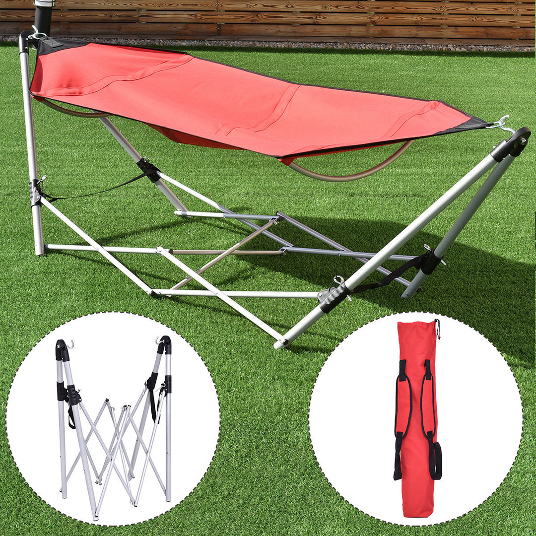 Red Portable Folding Hammock Lounge Camping Bed Steel Frame Stand W/Carry Bag Image 1