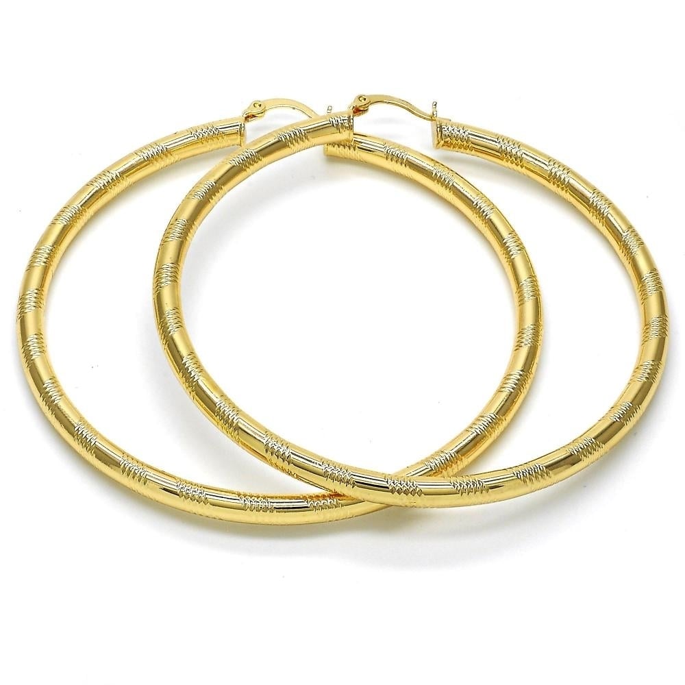 8k Gold Filled High Polish Finsh Gold Textured Yellow Gold Diamond Cut Hoop Earrings 70mm Image 2