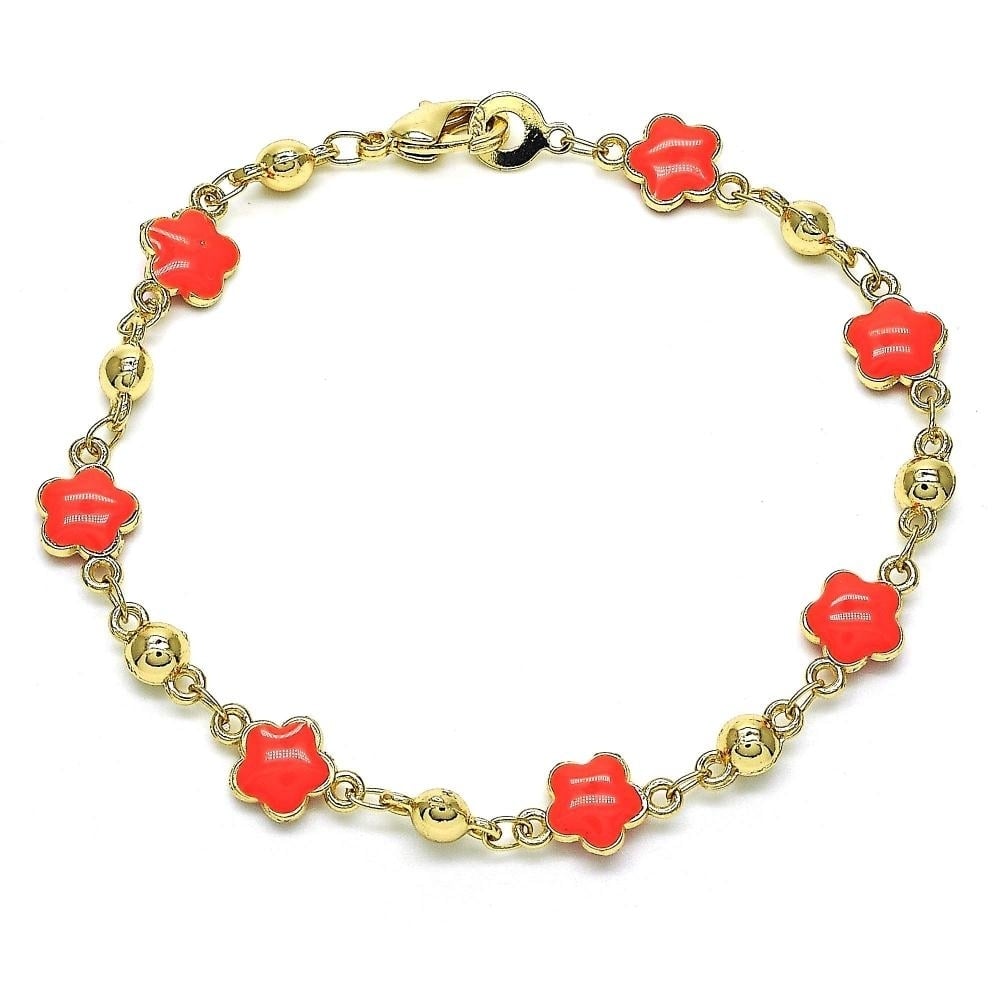 14K Gold Filled High Polish Finsh Coral/Black/ Turquoise Enamel Flower Bracelet 8 Inches Women Teens Image 3