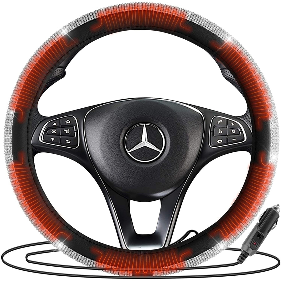Zone Tech Car Steering Wheel Bling 12V Warm Heated Cover Rhinestone PU Leather Image 1
