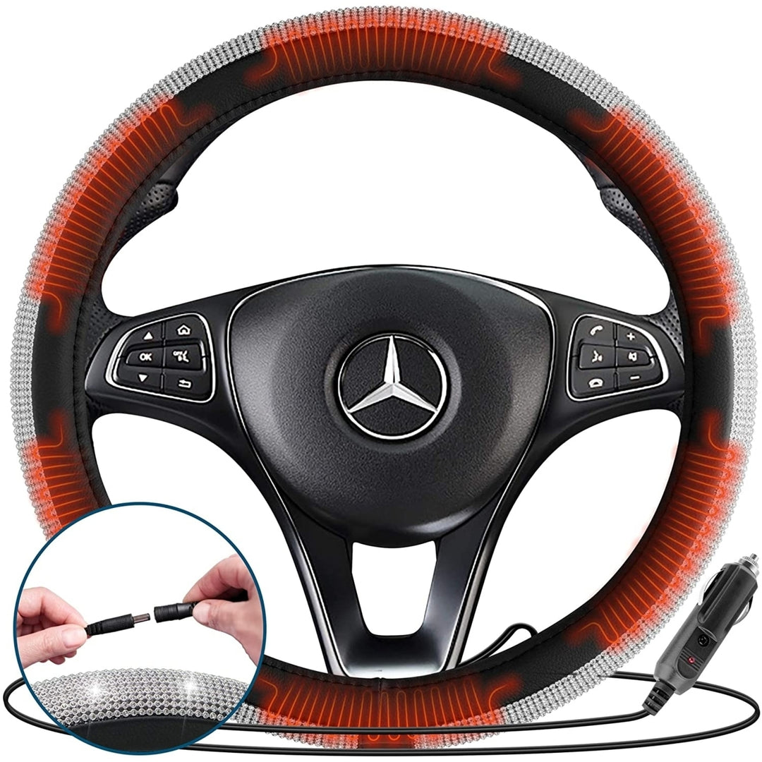 Zone Tech Car Steering Wheel Bling 12V Warm Heated Cover Rhinestone PU Leather Image 3