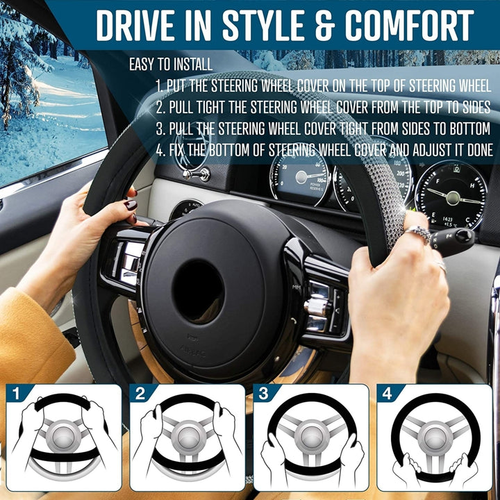 Zone Tech Car Steering Wheel Bling 12V Warm Heated Cover Rhinestone PU Leather Image 6