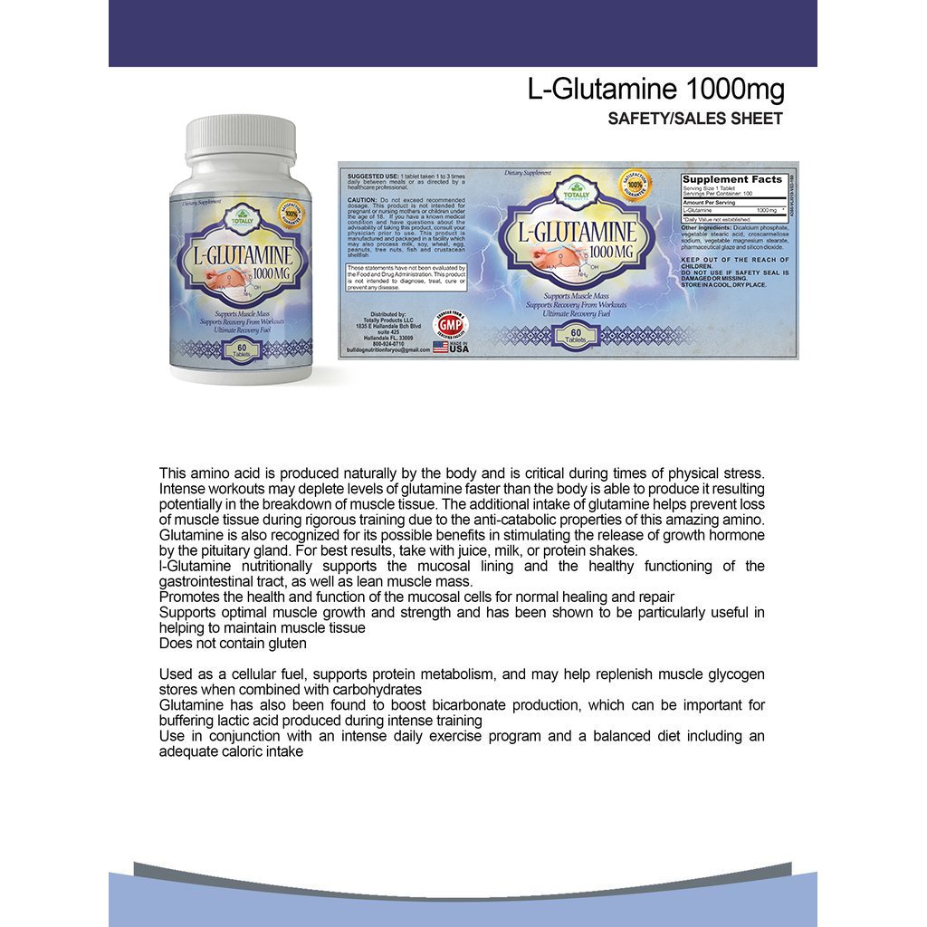 Totally Products L-Glutamine 1000mg Tablets 60 Count Muscle Support Caplets Image 4