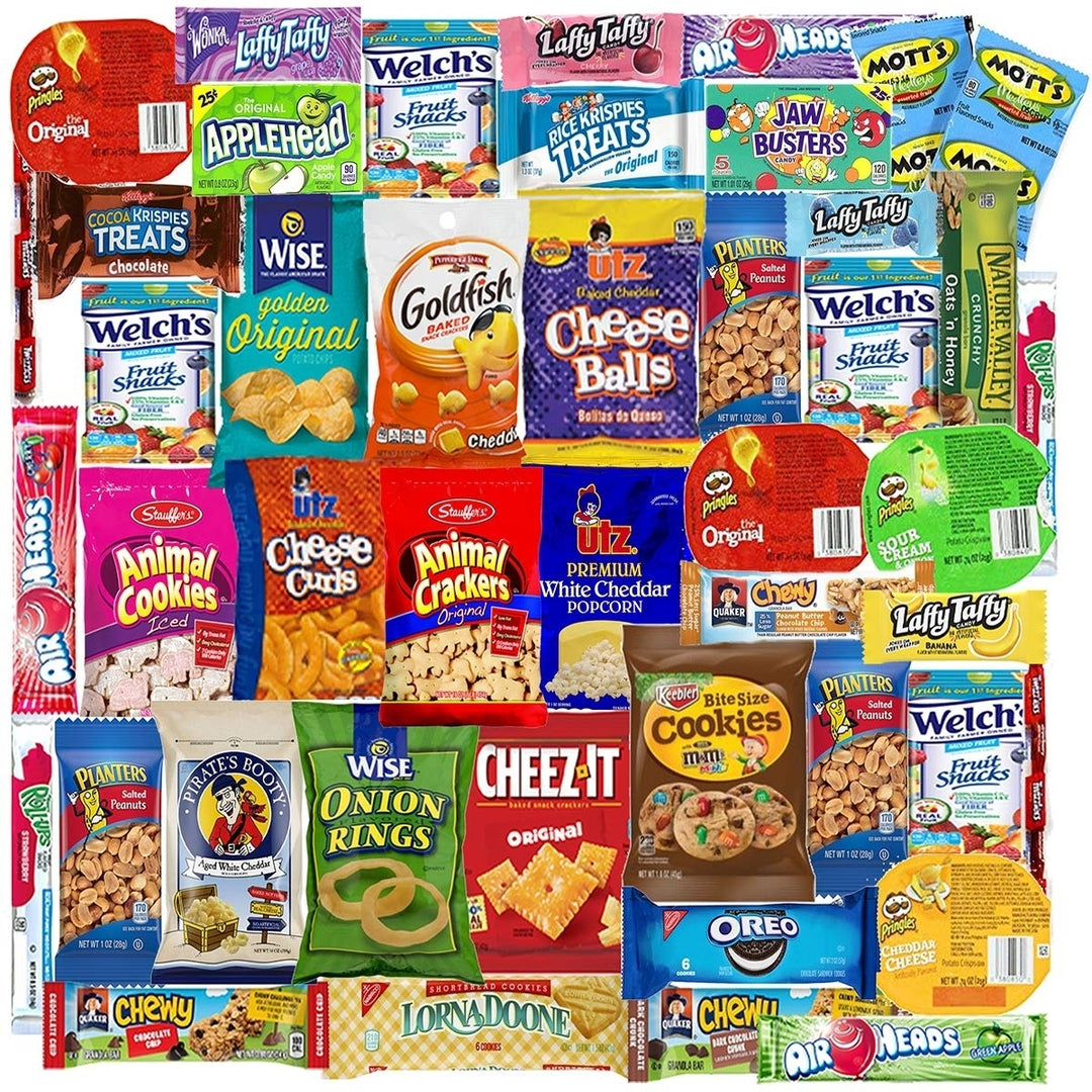 Blue Ribbon Care Package 45 Count Ultimate Sampler Mixed Bulk Bars, Cookies, Chips, Candy Image 1