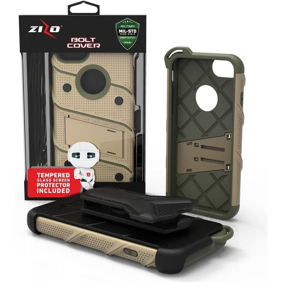iPhone 8 Case/iPhone 7 Case Bolt Series w/ iPhone 8 Screen Protector KickstandDesert Tan/Camo Green Image 1