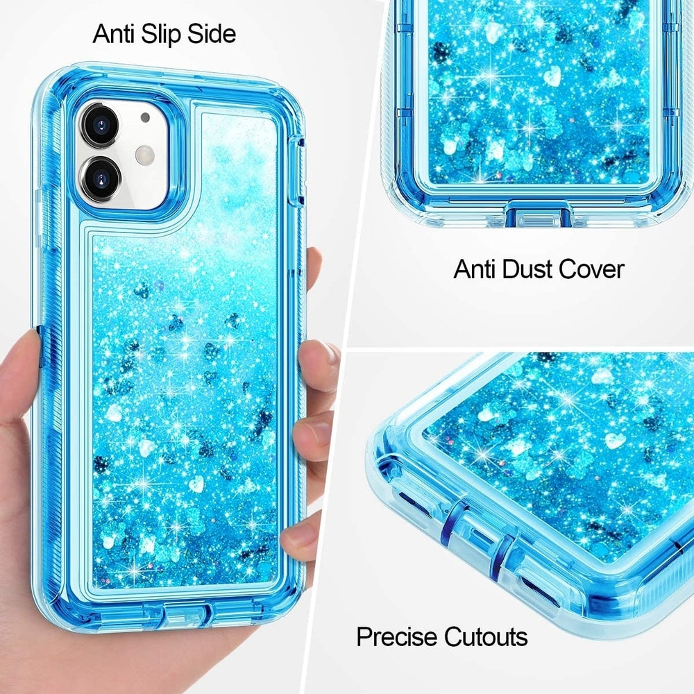 For Apple iPhone 12 Mini 5.4 inch Tough Defender Sparkling Liquid Glitter Heart Case Cover Blue Image 2