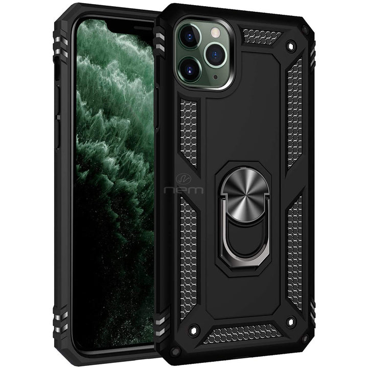 For Apple iPhone 12 / iPhone 12 Pro 6.1 inch Brushed Armor Shockproof Hybrid Ring Stand Case Cover Black Image 1