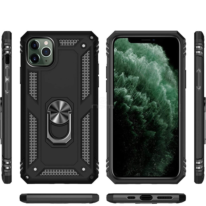 For Apple iPhone 12 / iPhone 12 Pro 6.1 inch Brushed Armor Shockproof Hybrid Ring Stand Case Cover Black Image 2