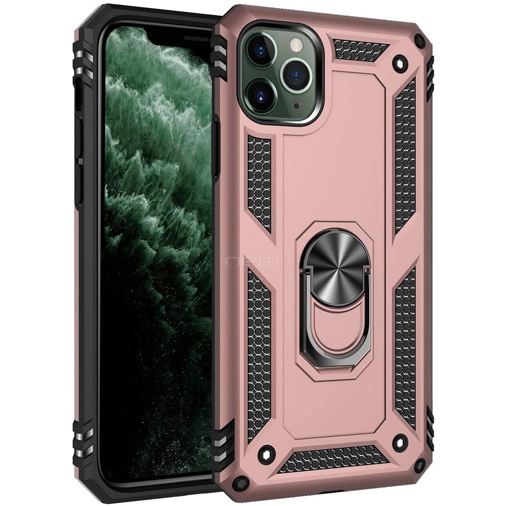 For Apple iPhone 12 / iPhone 12 Pro 6.1 inch Brushed Armor Shockproof Hybrid Ring Stand Case Cover Black Image 1