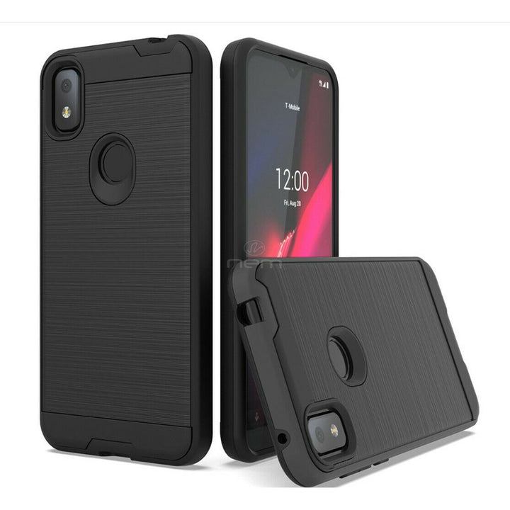 For TCL REVVL 4 Dual layer Metal Brushed Shockproof Armor Hybrid Case Cover Black Image 1