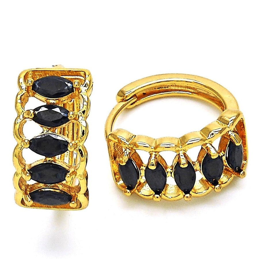 Black HALO 5 Row HUGGIE OVAL STONES LAB CREATED EARRINGS IN YELLOW GOLD Image 1