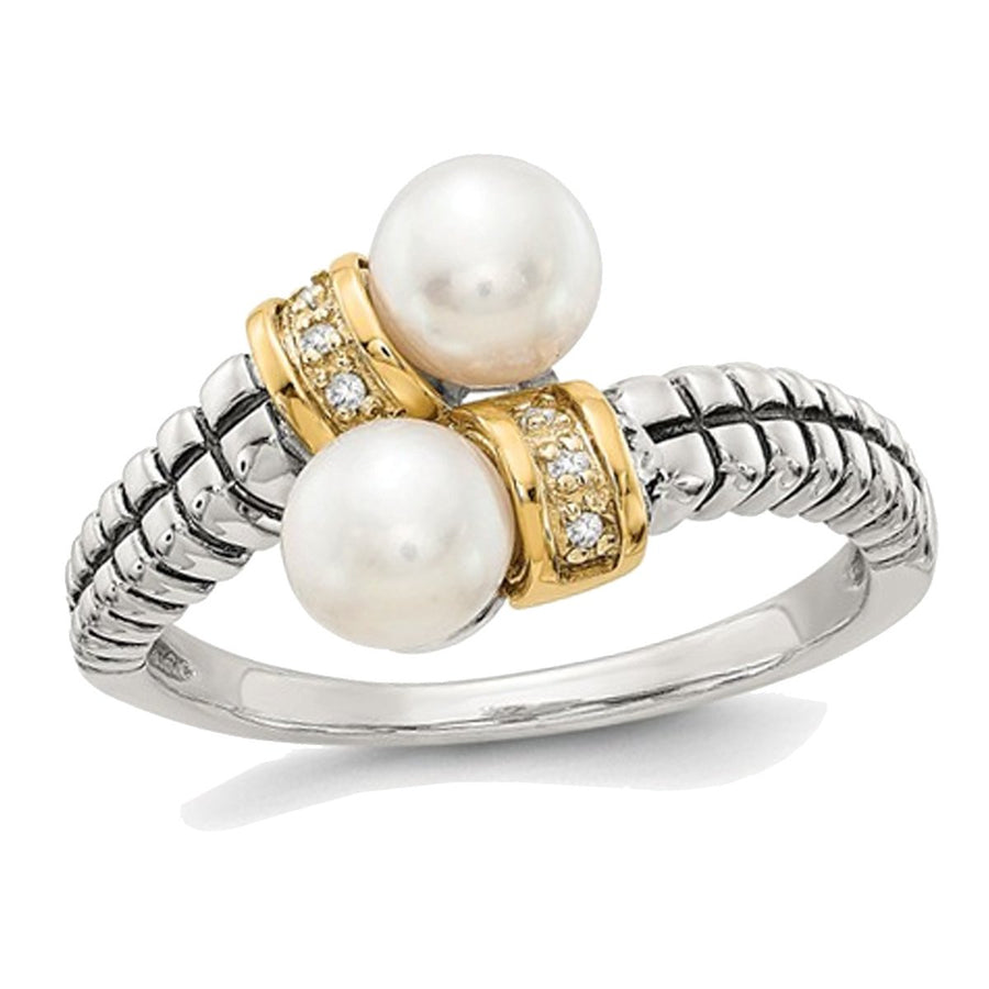 Cultured Freshwater Pearl Ring in Sterling Silver with 14K Gold Accents and Diamonds Image 1