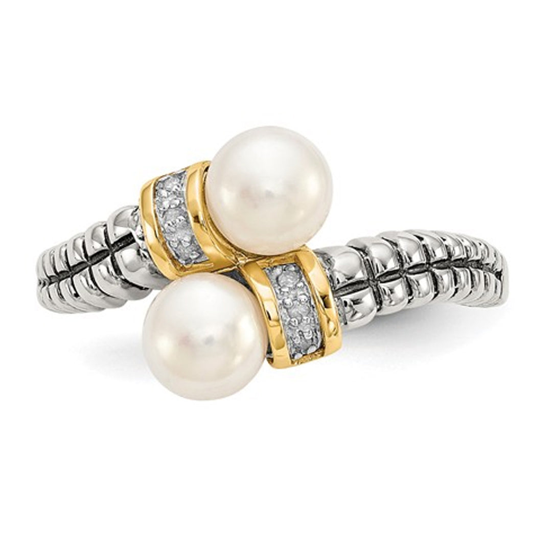 Cultured Freshwater Pearl Ring in Sterling Silver with 14K Gold Accents and Diamonds Image 2