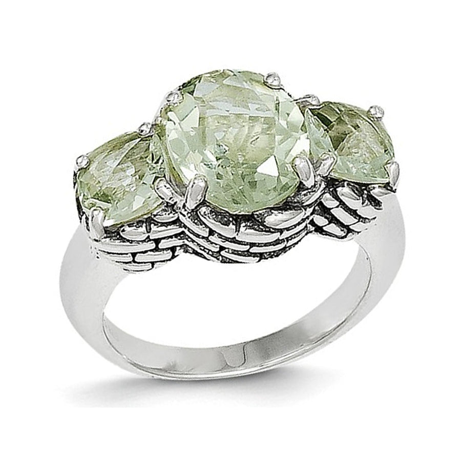 Green Amethyst Three Stone Ring 4.50 Carat (ctw) in Sterling Silver Image 1