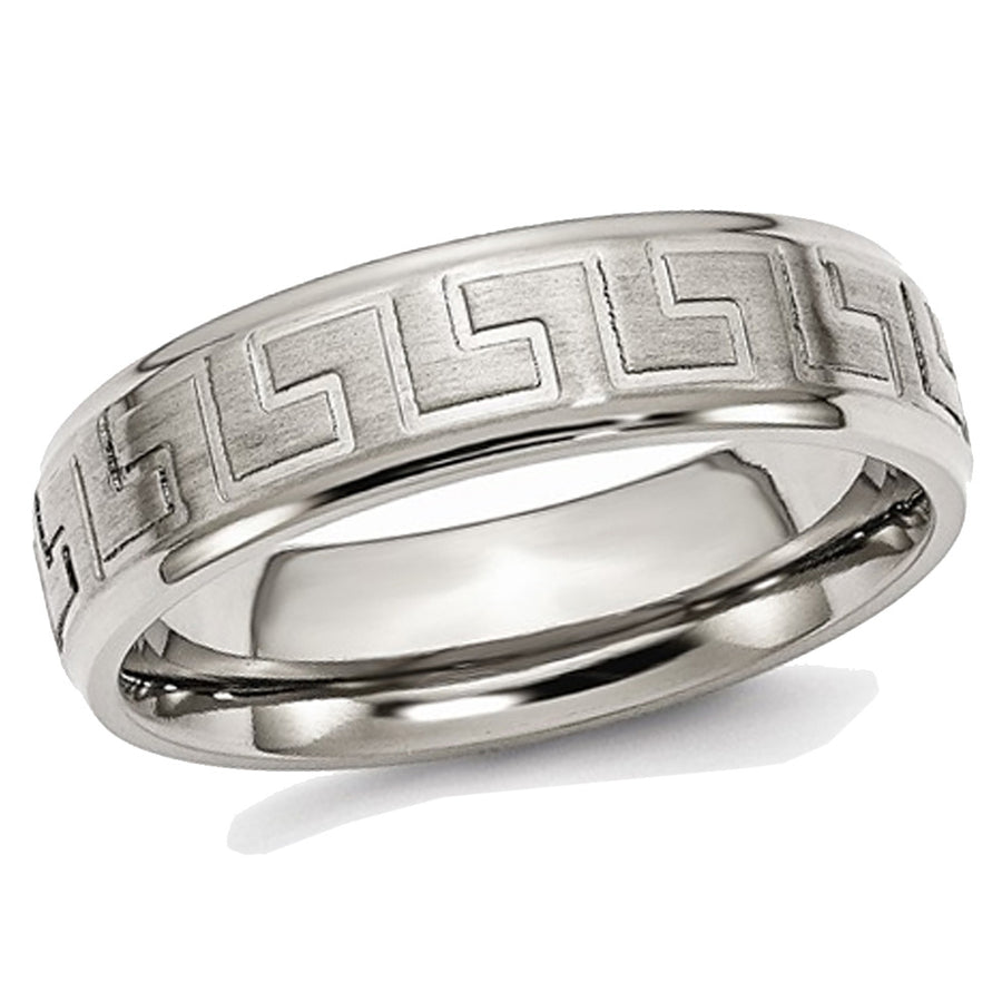 Mens Greek Key 6mm Titanium Satin-Polished Wedding Band Ring Image 1