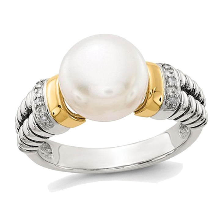 Cultured Freshwater Pearl and Diamond Ring in Sterling Silver with 14K Gold Accents Image 1