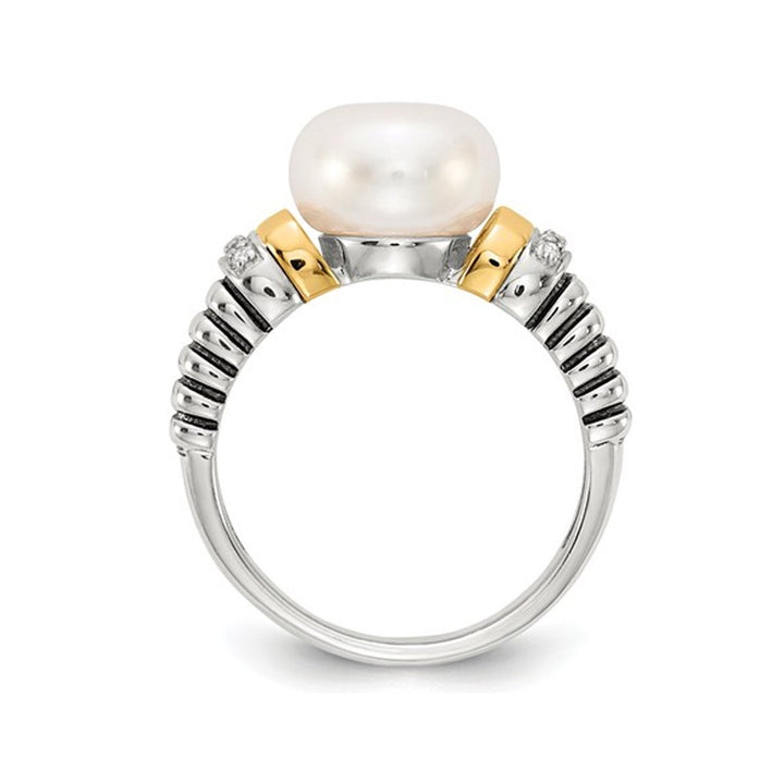 Cultured Freshwater Pearl and Diamond Ring in Sterling Silver with 14K Gold Accents Image 4