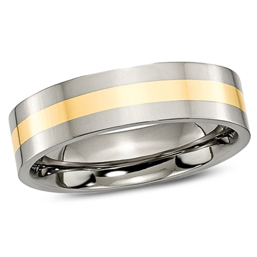 Mens 6mm Titanium Wedding Band Ring with 14 Gold Inlay Image 1