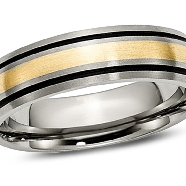 Mens 6mm Antiqued Titanium Wedding Band Ring with 14K Gold Inlay Image 1