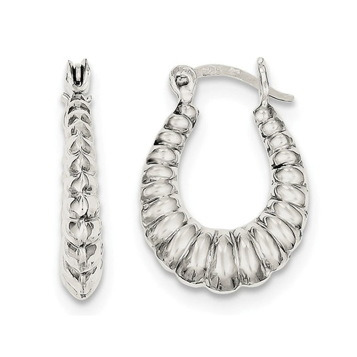 Polished Sterling Silver Hoop Earrings with Texture Design Image 1