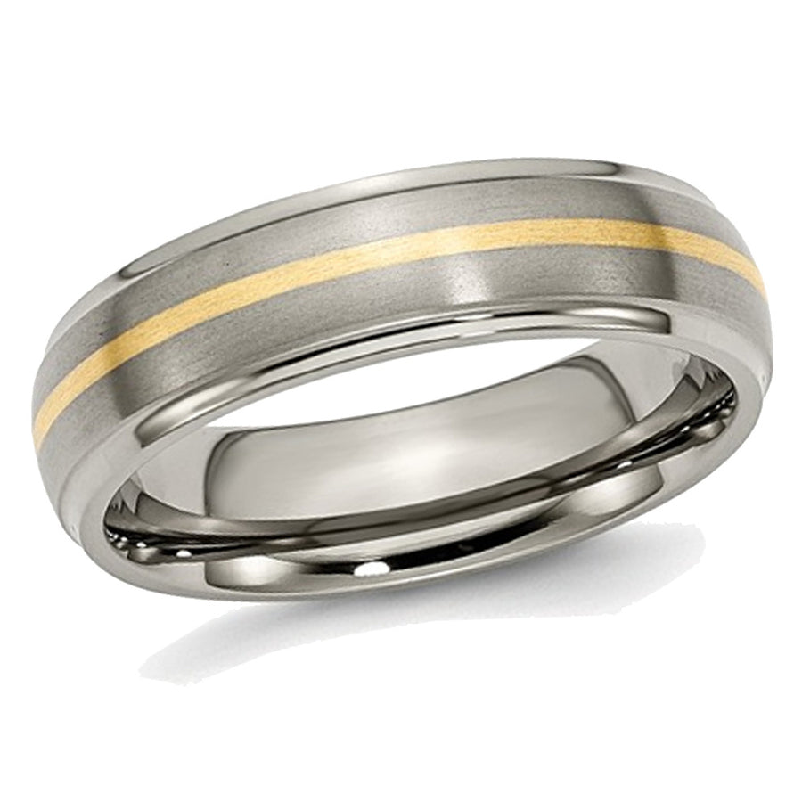 Ladies or Mens Titanium Ridged Edge 6mm 14K Yellow Inlay Brushed Wedding Band Ring Image 1