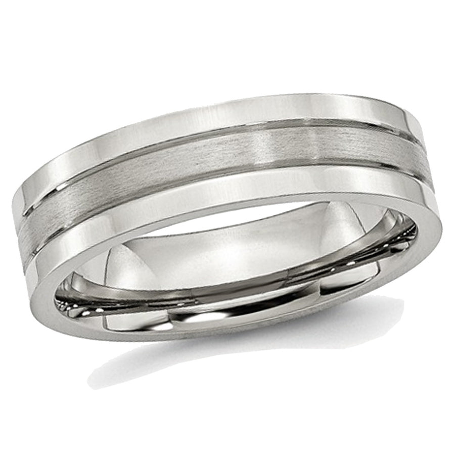 Mens Chisel Stainless Steel 6mm Grooved Satin and Polished Wedding Band Ring Image 1