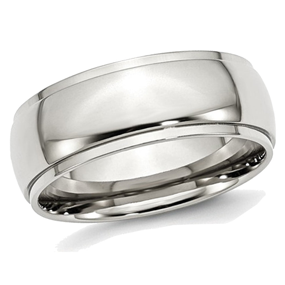 Mens Chisel Stainless Steel 8mm Ridged Edge Polished Wedding Band Ring Image 1