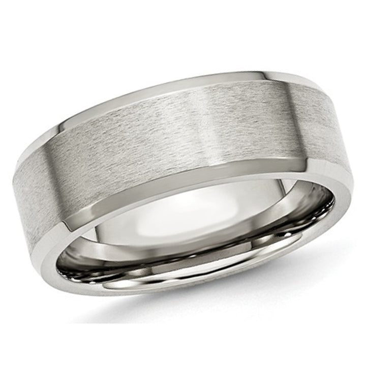 Mens 8mm Stainless Steel Comfort Fit Wedding Band Ring with Beveled Edge Image 1