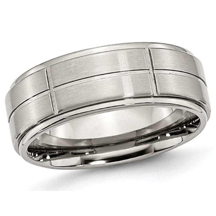 Mens Chisel 8mm Satin Stainless Steel Comfort Fit Grooved Brushed Wedding Band Ring Image 1