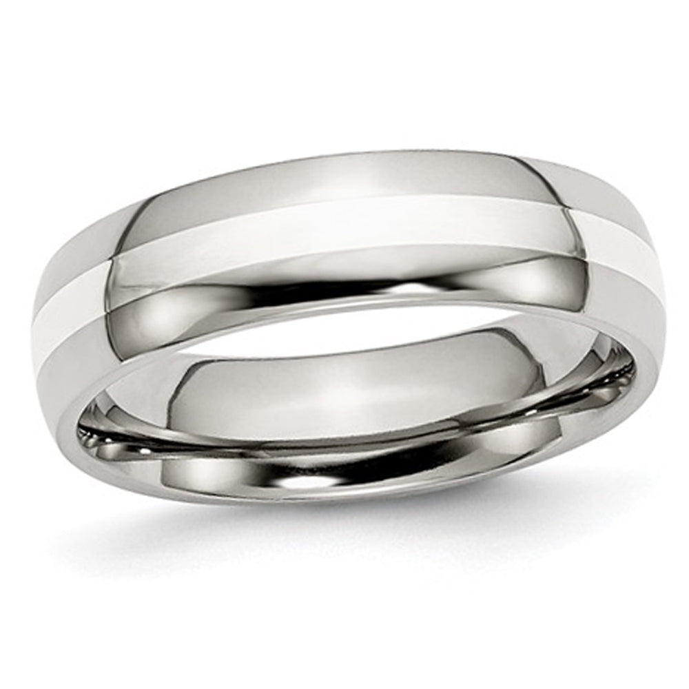 Mens Chisel 6mm Stainless Steel Comfort Fit Wedding Band Ring with Silver Inlay Image 1