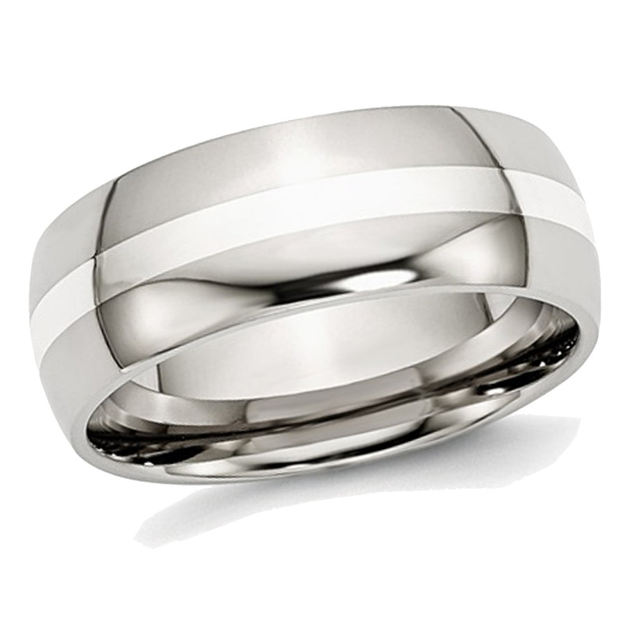 Mens Chisel Stainless Steel 8mm With Sterling Silver Inlay Wedding Band Ring Image 1