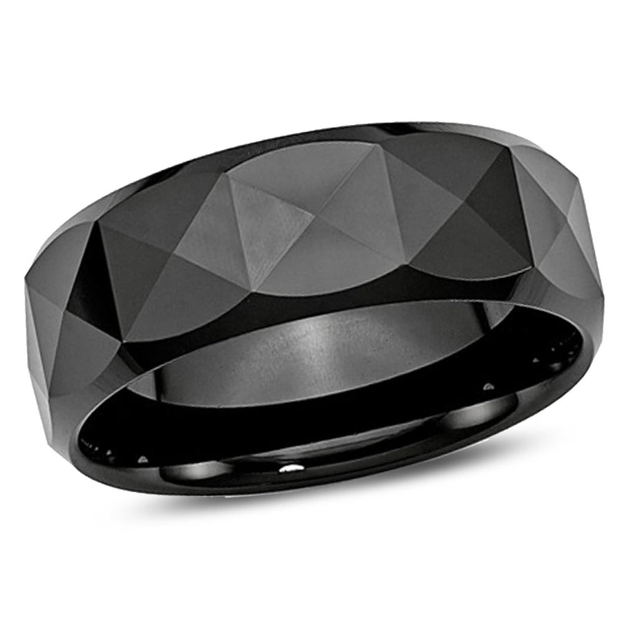 Mens Chisel 8mm Faceted Black Ceramic Wedding Band Ring Image 1