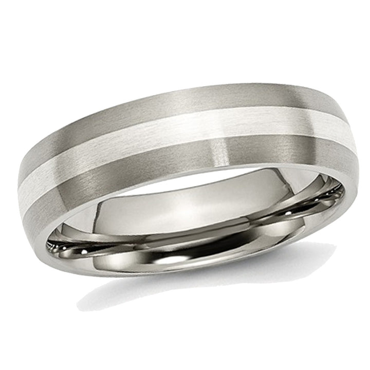 Mens Chisel 6mm Comfort Fit Satin Titanium Wedding Band Ring with Sterling Silver Inlay Image 1