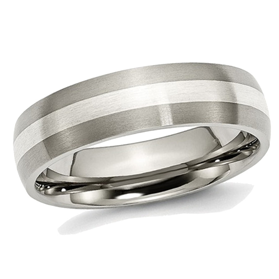 Mens Chisel 6mm Comfort Fit Satin Titanium Wedding Band Ring with Sterling Silver Inlay Image 1