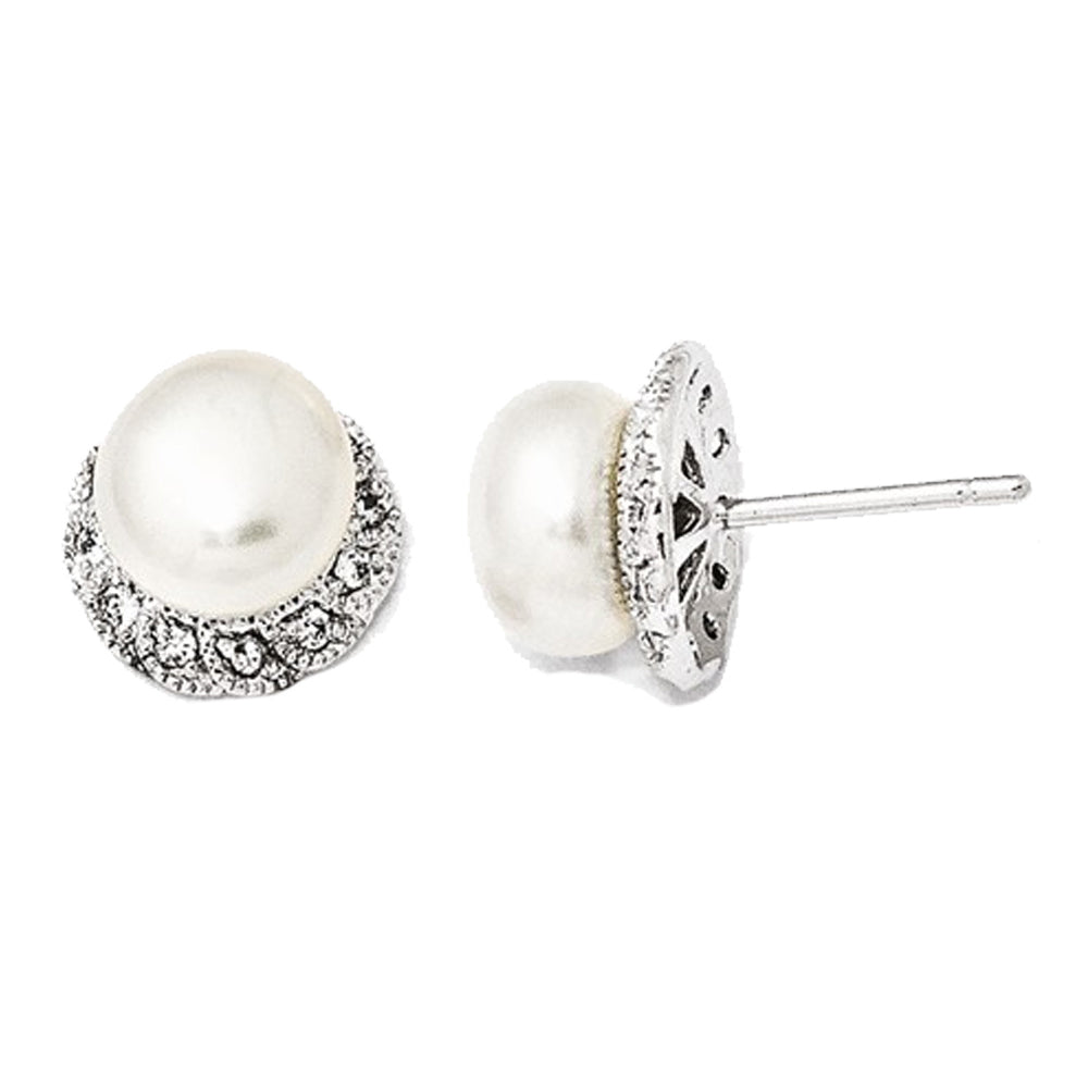 Freshwater Cultured White Pearl Earrings with Synthetic Cubic Zirconia (CZ) in Sterling Silver Image 1